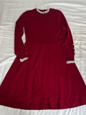 Red Long Sleeve A-Line Dress with Ruffle Trim